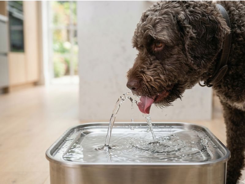 fuentes de agua automáticas para perros. Perro usando una fuente de agua automática grande