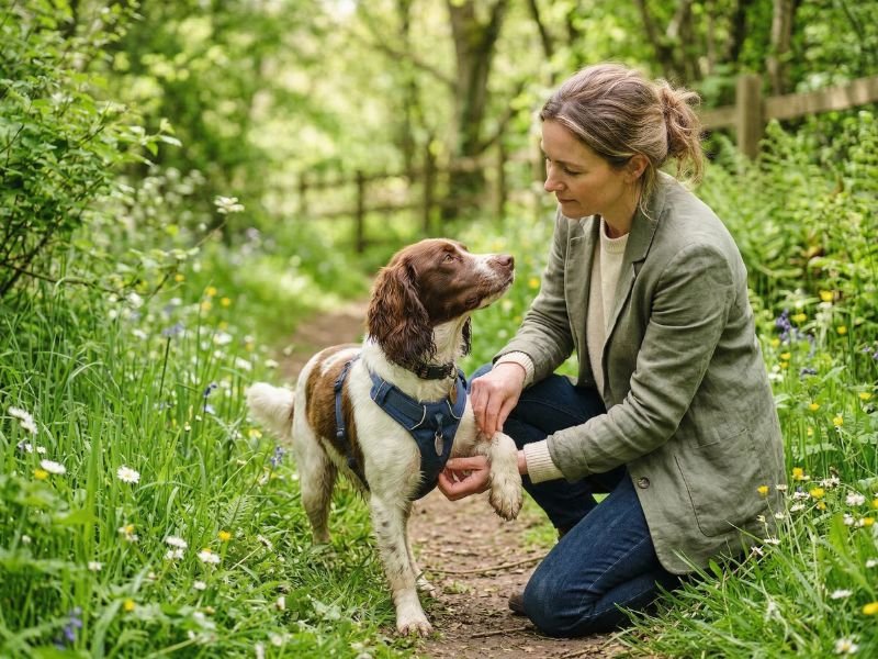 Persona revisando a su perro después del paseo para detectar garrapatas o irritaciones