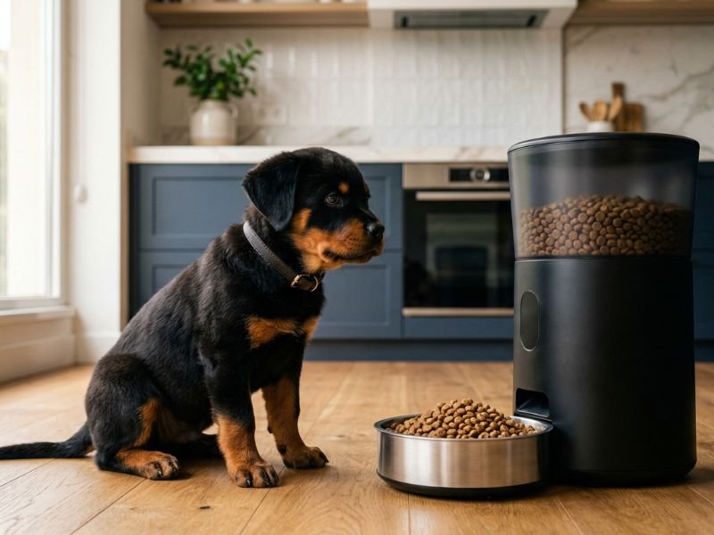 Dispensador de comida automática. Rottweiller cachorro en cocina.