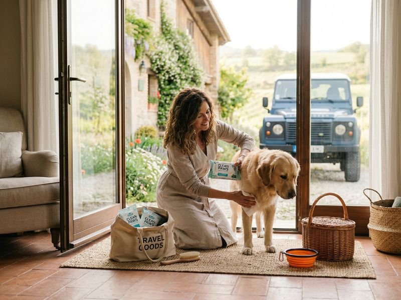 Toallitas higiénicas para perros usadas al llegar a un alojamiento de viaje