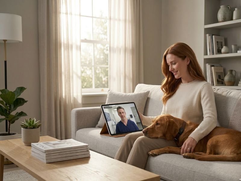 Videollamada veterinaria con perro en casa