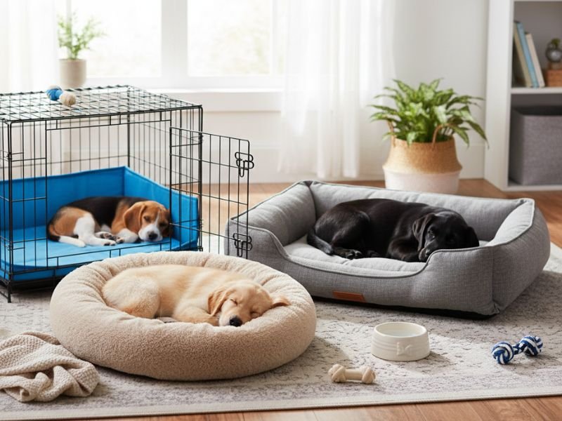 Tres perros descansando en un salón: beagle en jaula con cama azul, cachorro en cama donut beige y perro en cama tipo sofá gris