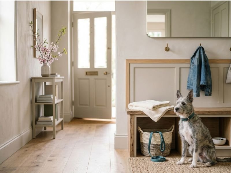 Zona de entrada preparada para limpiar al perro después del paseo en primavera