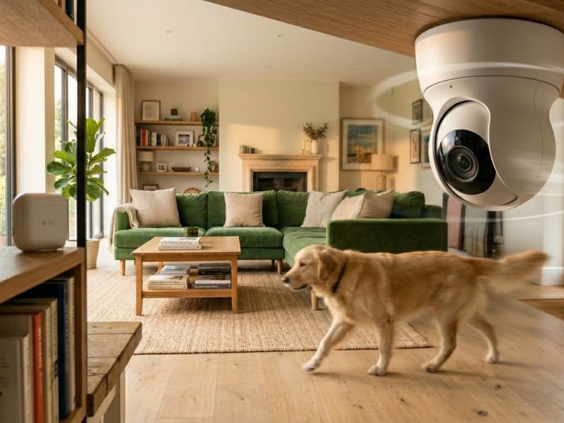 perro paseando por el salón. cámara estratégicamente colocada boca abajo para vision 360