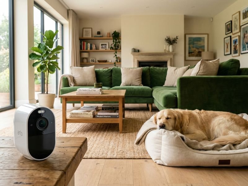 mejores cámaras para perros. Perro descansando en un salón en su cama, cámara al frente
