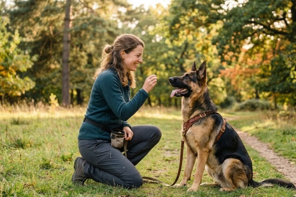 educación y comportamiento canino: persona entrenando a su perro con refuerzo positivo