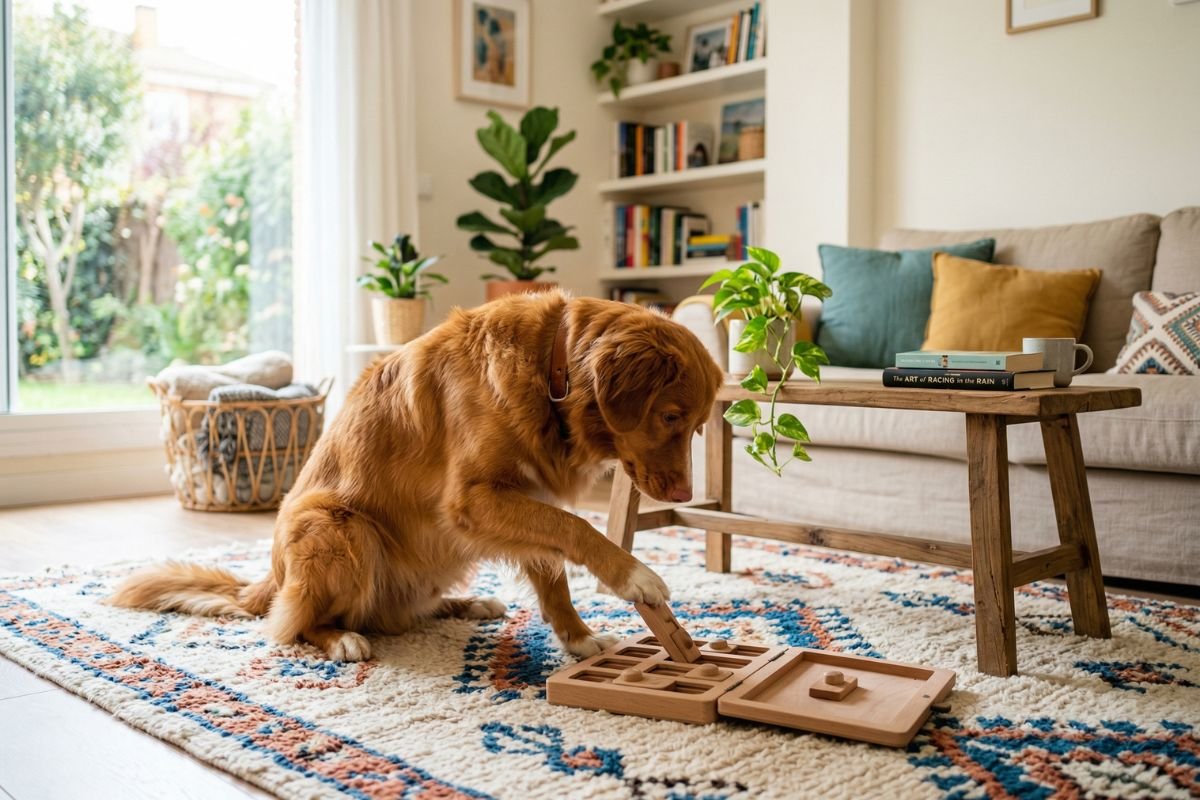 juguetes interactivos para perros. perro de tamaño mediano jugando con un juguete interactivo en casa, estimulación mental y enriquecimiento para perros