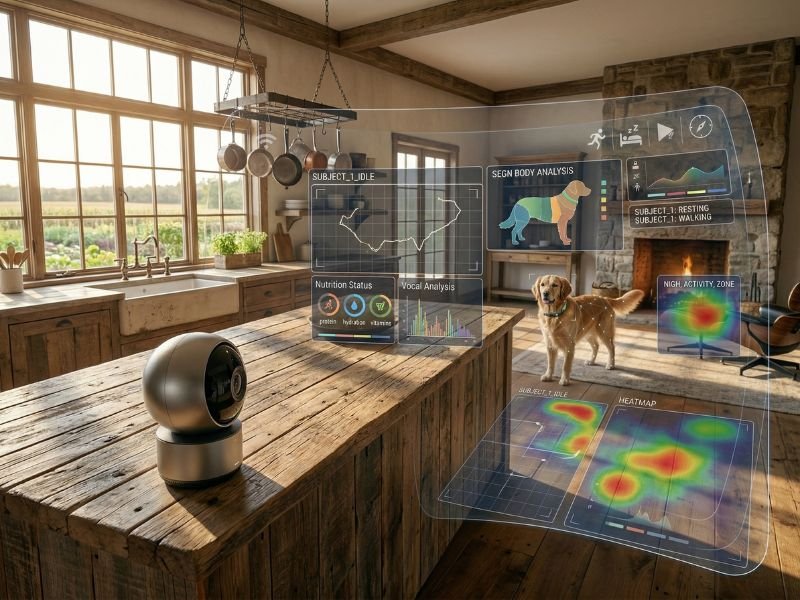 perro en casa con una cámara inteligente que analiza su actividad y comportamiento.jpg