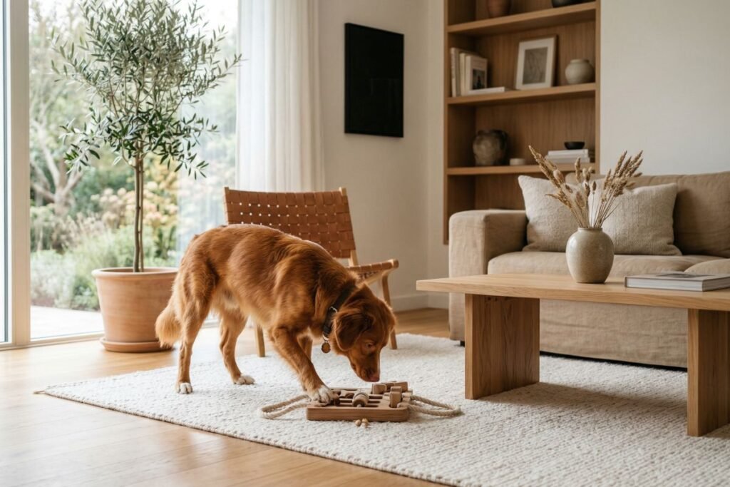 juguetes de enriquecimiento para perros. perro usando juguete de enriquecimiento solo en casa