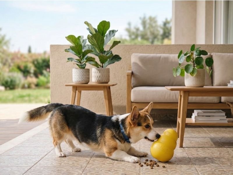 juguetes interactivos para perros. perro usando un dispensador de comida interactivo para perros en el salón de casa