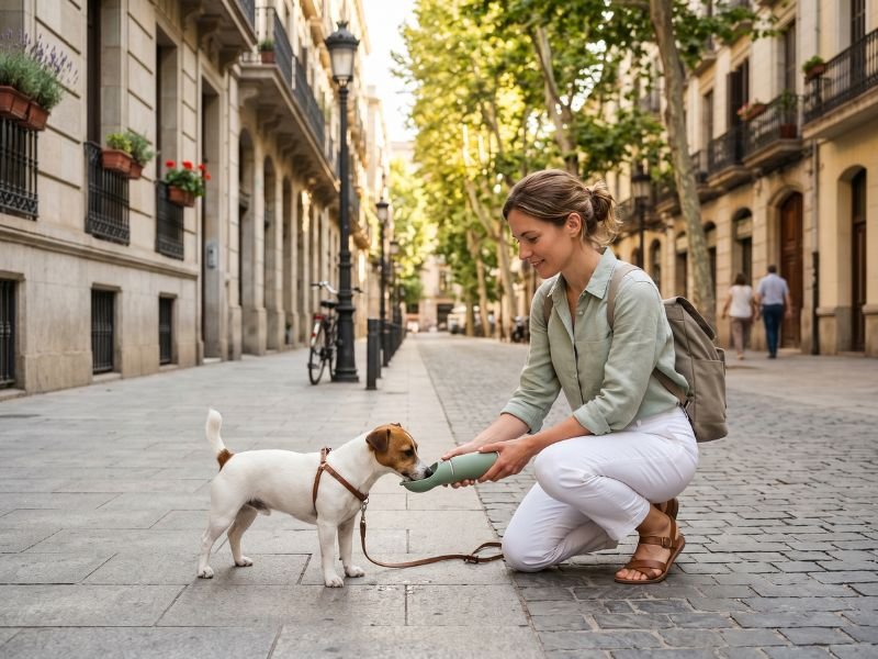 Botella de agua portátil para perro pequeño en un paseo urbano de verano