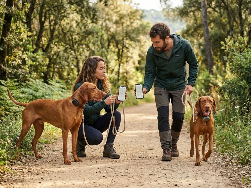 Dos perros con localizadores GPS en un entorno abierto y seguro