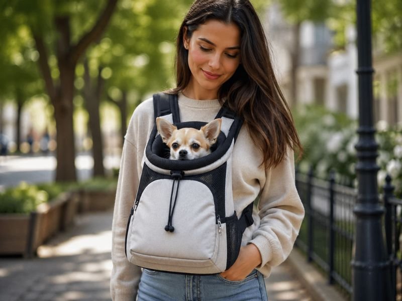 Mochilas para transportar perros pequeños. Mujer paseando con su mini toy de mochila por la ciudad.
