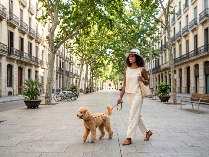 Mujer paseando con su perro por la ciudad a la sombra y tranquila.