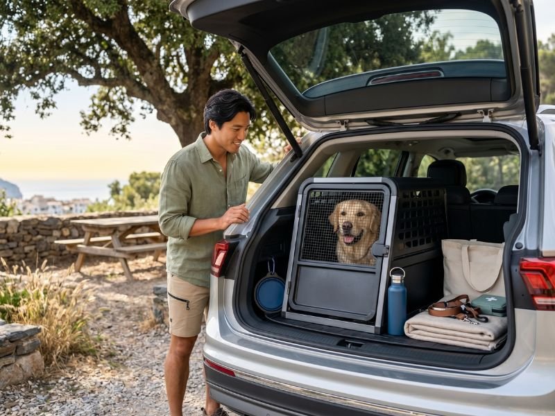 Parada en carretera con perro viajando de forma segura en coche en verano