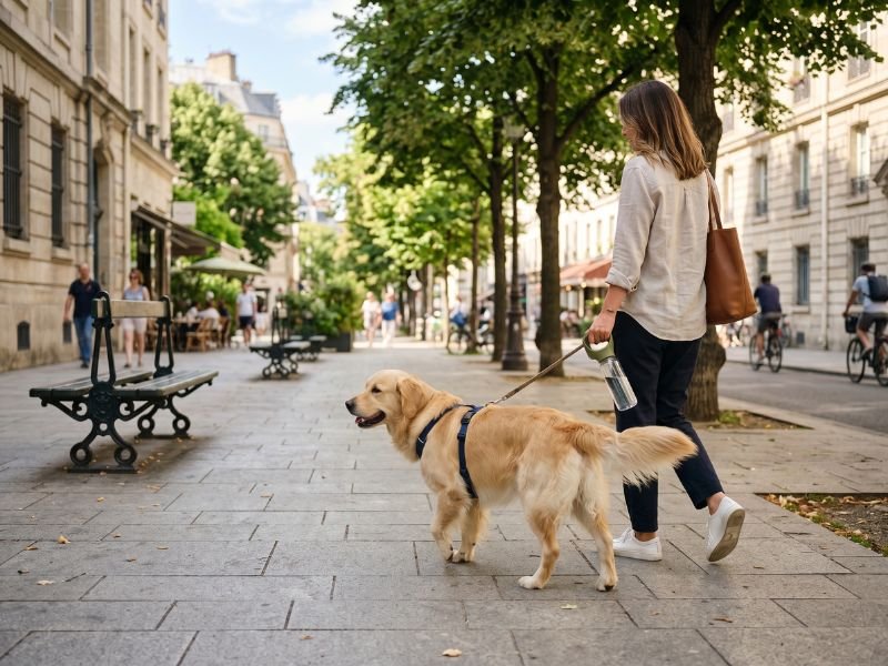 Paseo urbano con perro y botella de agua portátil en verano