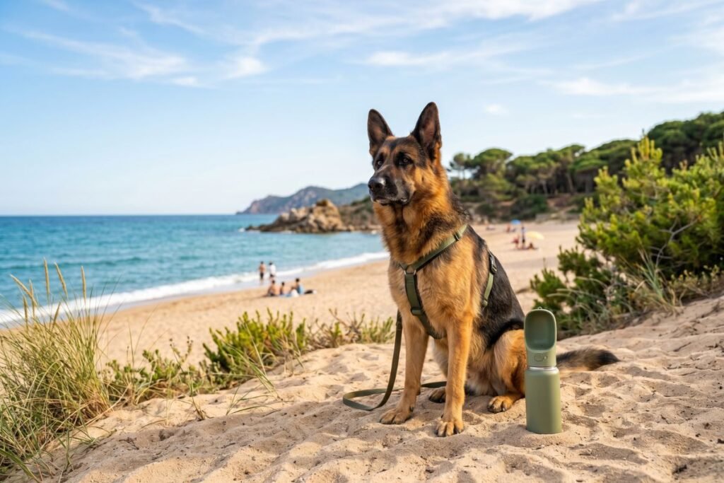 Pastor alemán en la playa con botella de agua portátil para perros