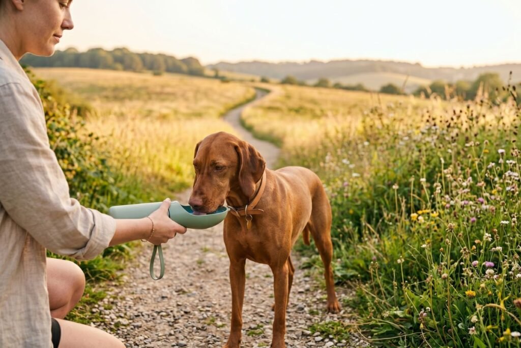 Perro bebiendo de una botella de agua portátil durante un paseo de verano