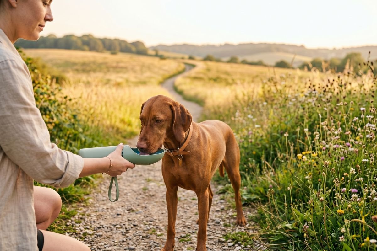 Perro bebiendo de una botella de agua portátil durante un paseo de verano