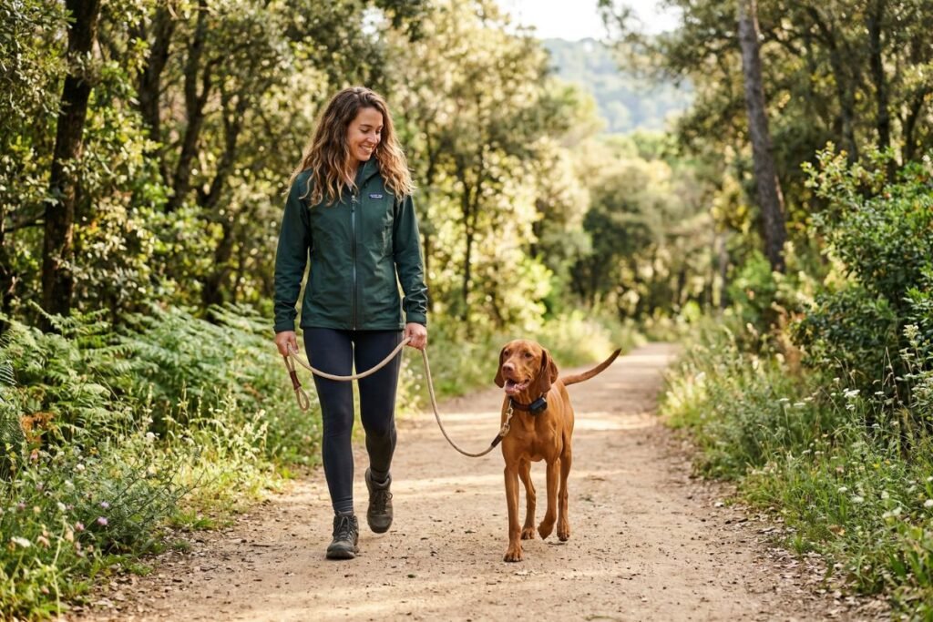 Perro con localizador GPS en un paseo al aire libre