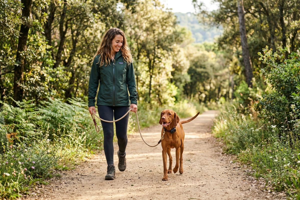 Perro con localizador GPS en un paseo al aire libre