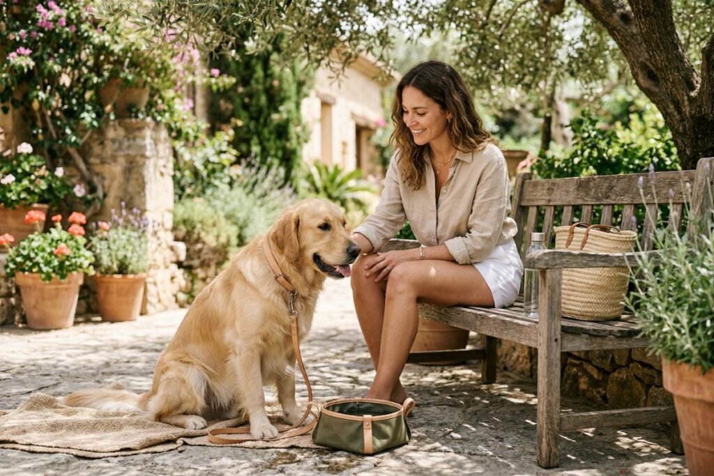 Golpe de calor en perros. Perro descansando a la sombra en verano durante una pausa con agua