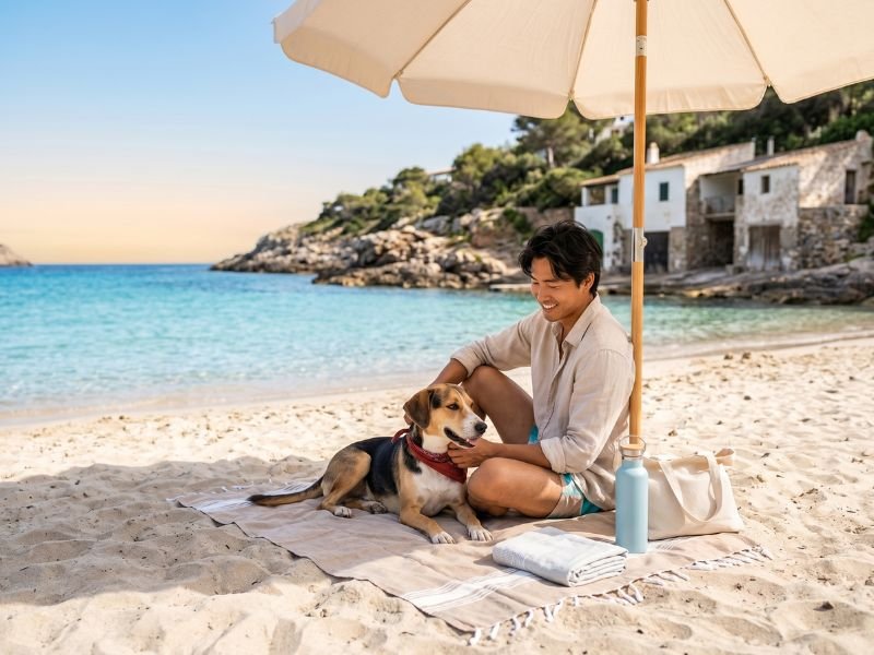Vacaciones con perro en verano. Perro descansando con su dueño en una playa tranquila durante unas vacaciones de verano