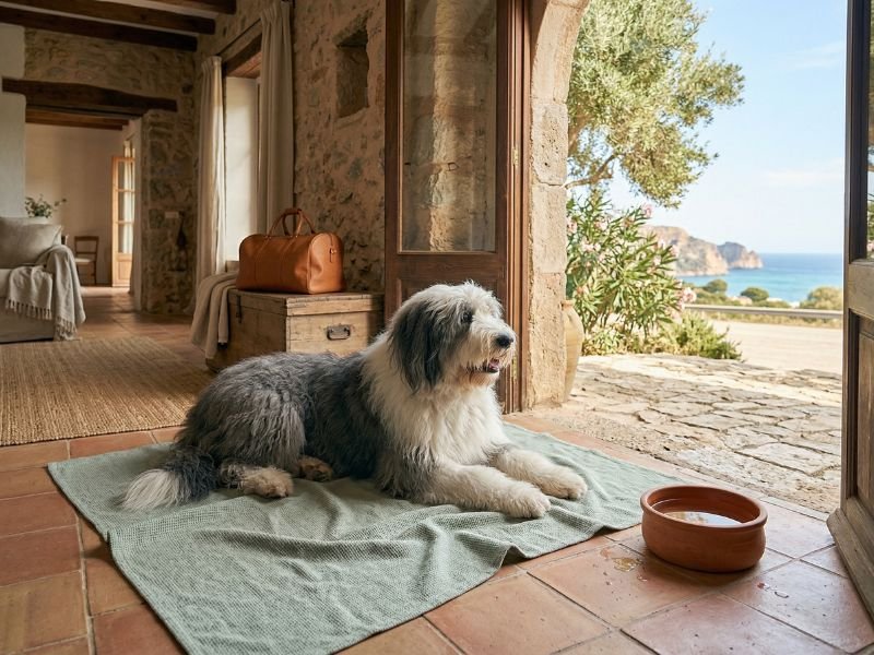 Perro descansando tranquilo al llegar al destino después de un viaje largo