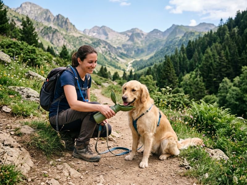 Botella agua portátil perros. Perro en la montaña con botella de agua portátil durante una ruta
