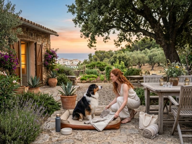 Perro instalándose con su dueña en un alojamiento rural o camping en verano