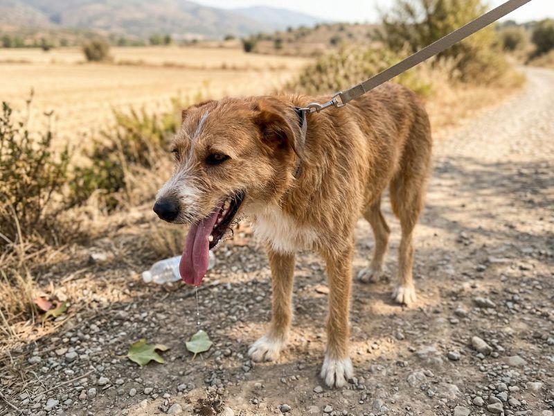 Perro jadeando intensamente durante un paseo en verano como señal de alerta por calor