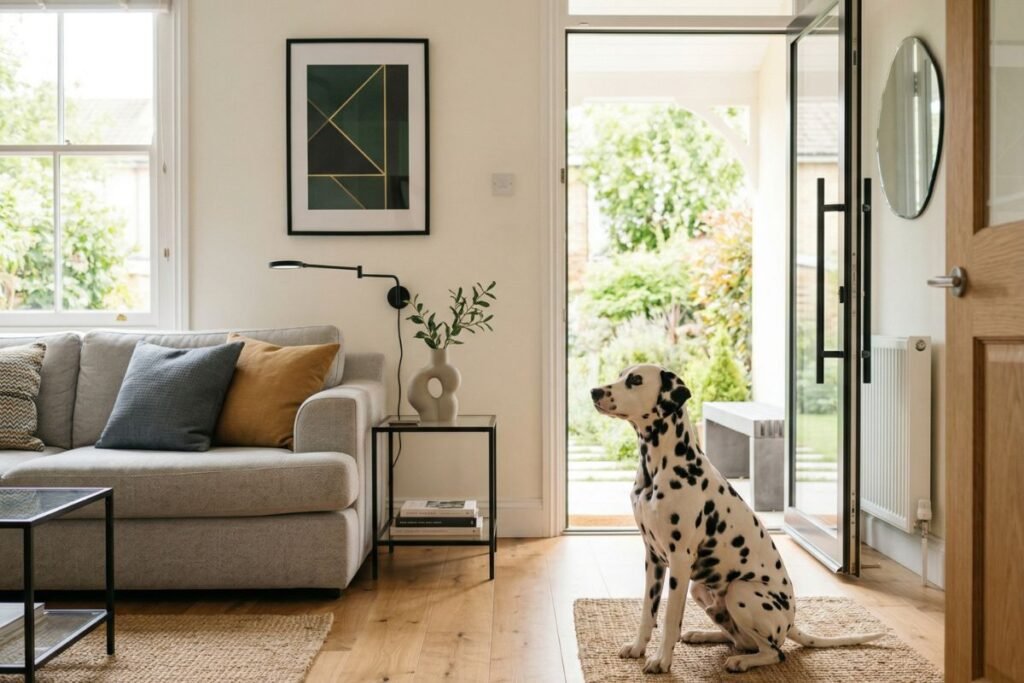 perro ladra cuando se queda solo en casa. Perro solo en casa mirando la puerta mientras su dueña sale