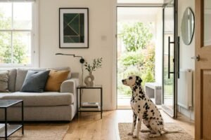 perro ladra cuando se queda solo en casa. Perro solo en casa mirando la puerta mientras su dueña sale