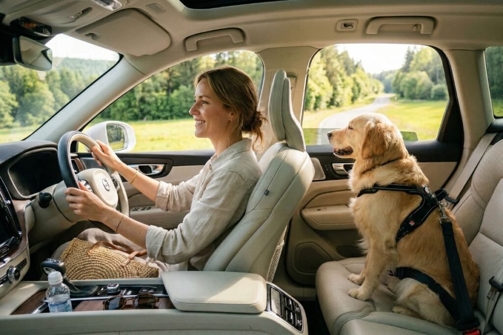 Perro viajando en coche en verano con todo preparado para un trayecto seguro y cómodo