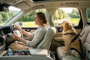 Perro viajando en coche en verano con todo preparado para un trayecto seguro y cómodo