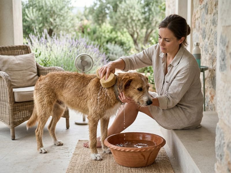 Persona enfriando a su perro con agua fresca en una zona ventilada durante una urgencia por calor