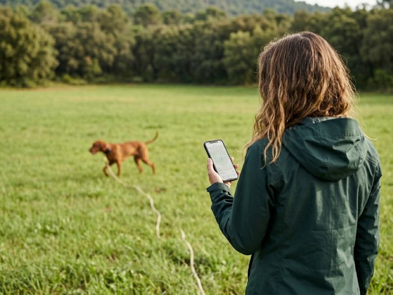 Como elegir un GPS para perros. Persona revisando la localización de su perro con GPS durante un paseo