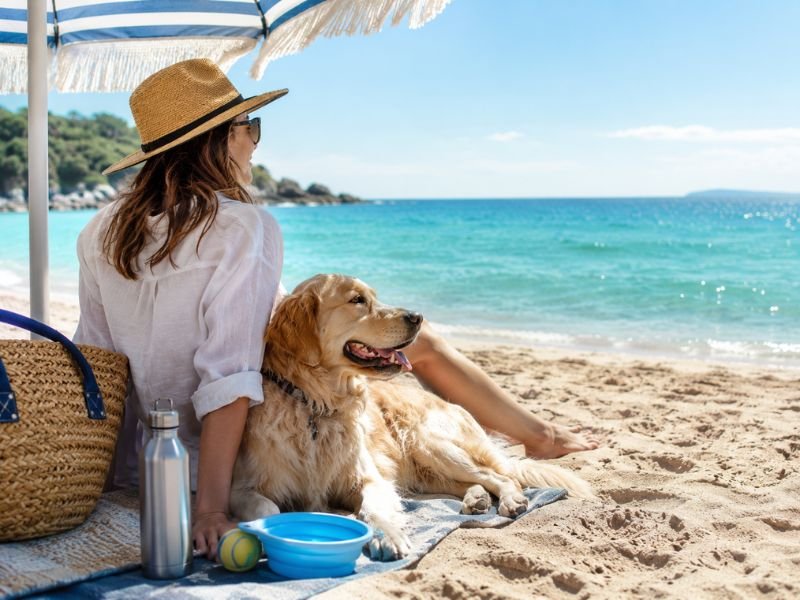 Playa con perro en verano. Agua dulce y sombra