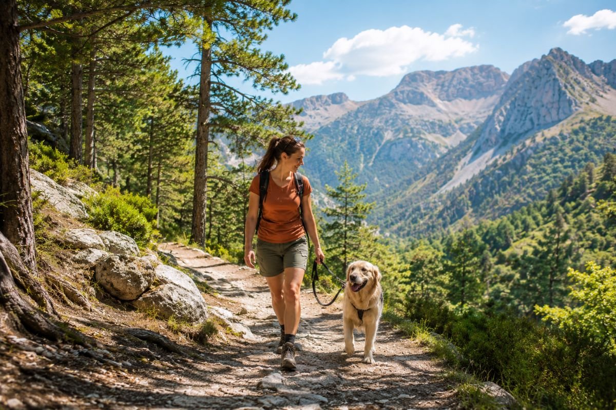 Montana con perro en verano. Mujer caminando con su perro por una ruta de montaña en verano con vistas a las montañas
