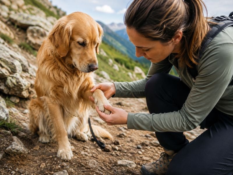 Mujer revisando la pata de su perro en una ruta de montaña.