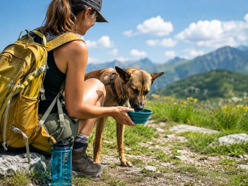 Perro bebiendo agua durante una ruta de montaña en verano.