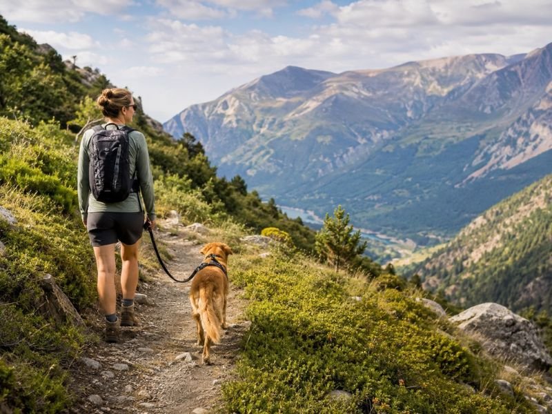 Perro con correa caminando por una ruta de montaña con vistas panorámicas