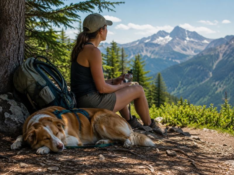 Perro descansando a la sombra durante una ruta de montaña en verano