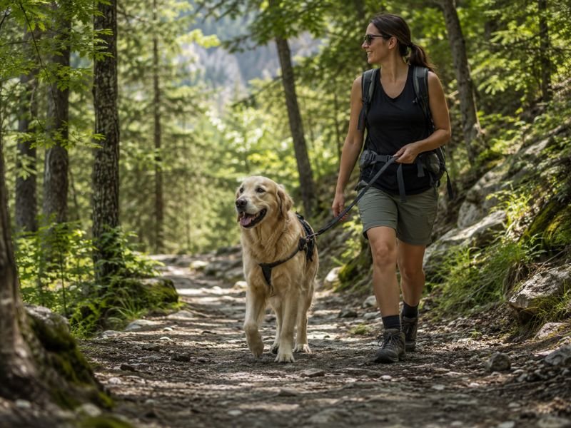Montana con perro en verano.Perro paseando por un sendero de bosque fresco en la montaña