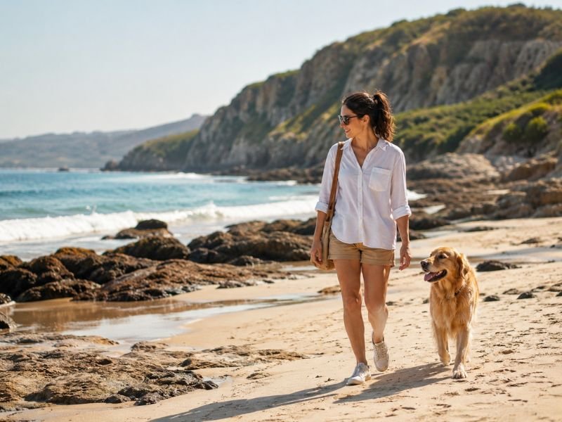 Playa con perro en verano. 